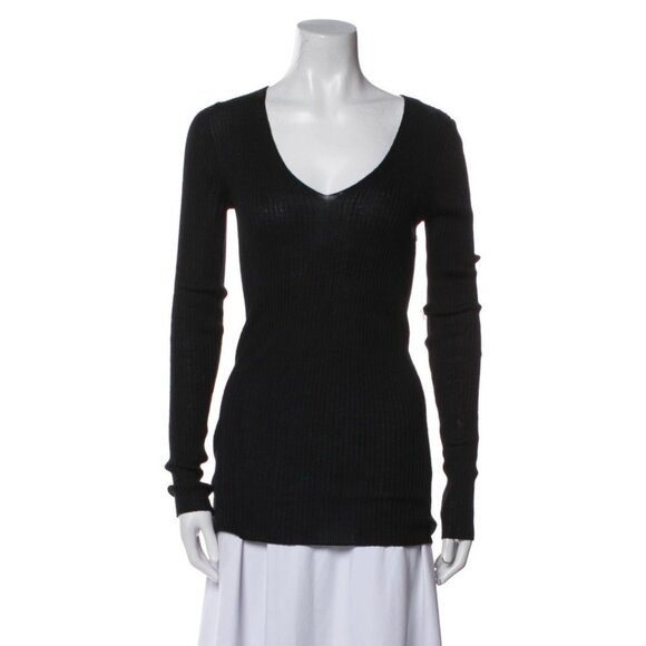 prada authentic Solid Black Ribbed Knit V Neck Long Sleeve Sweater 44 Medium - Picture 1 of 6